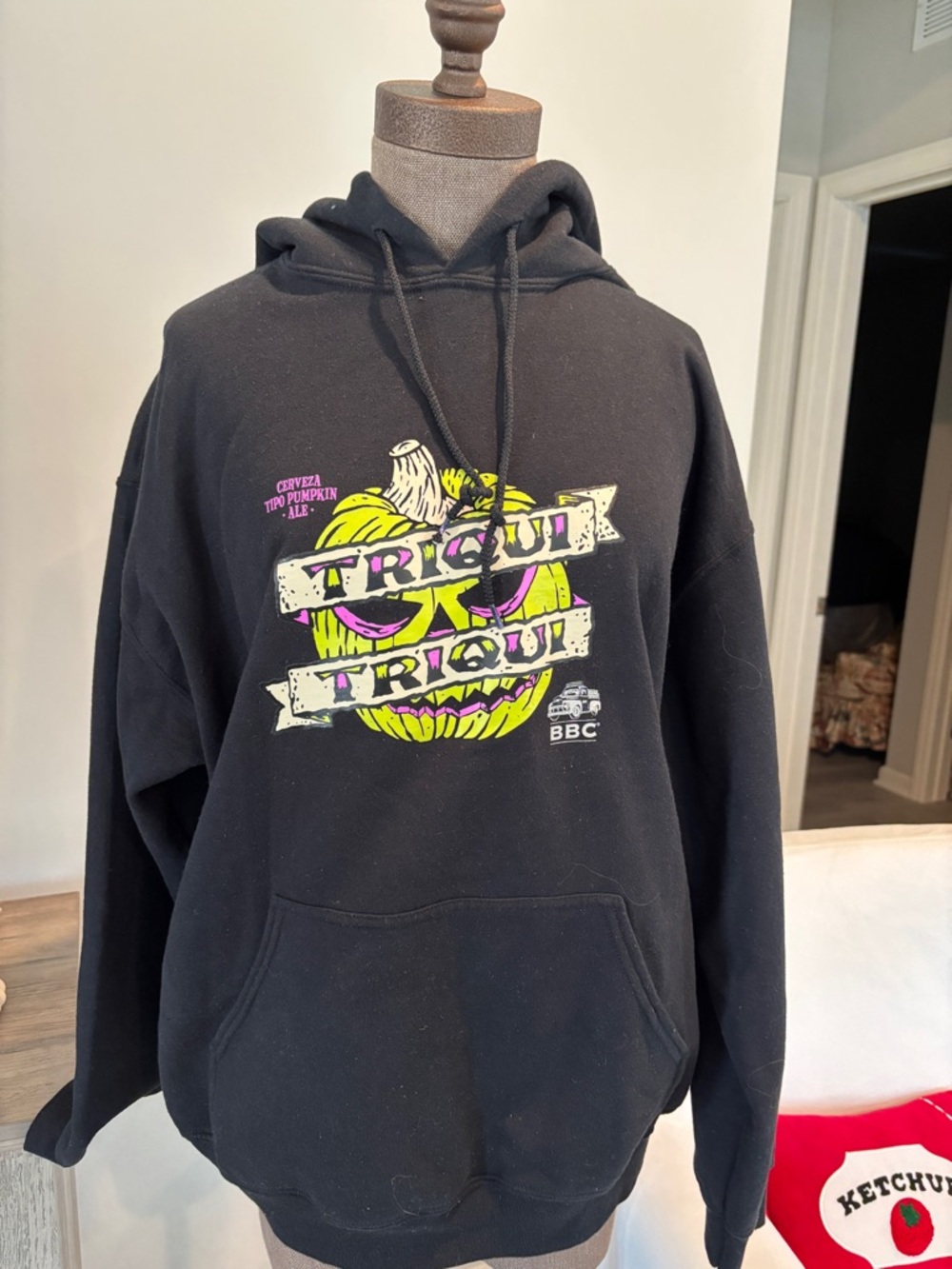 Black Graphic Pullover Hoodie with Neon Pumpkin Print Large